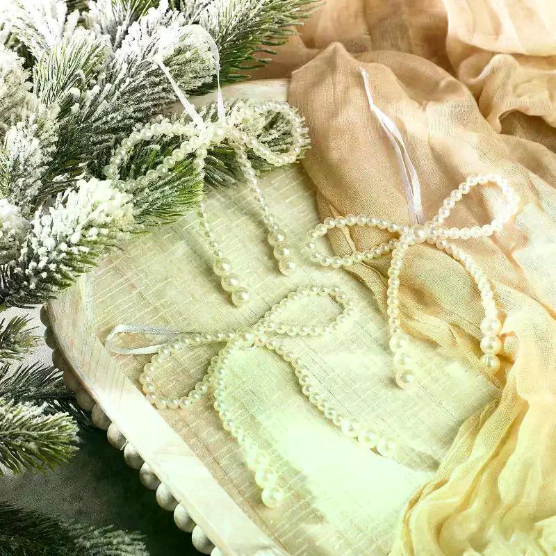 2/12Pcs Hand Woven Imitation Pearl Bow Christmas Tree Ornament Christmas Fringe Pendant Holiday Party Girls Room Decor Supplies