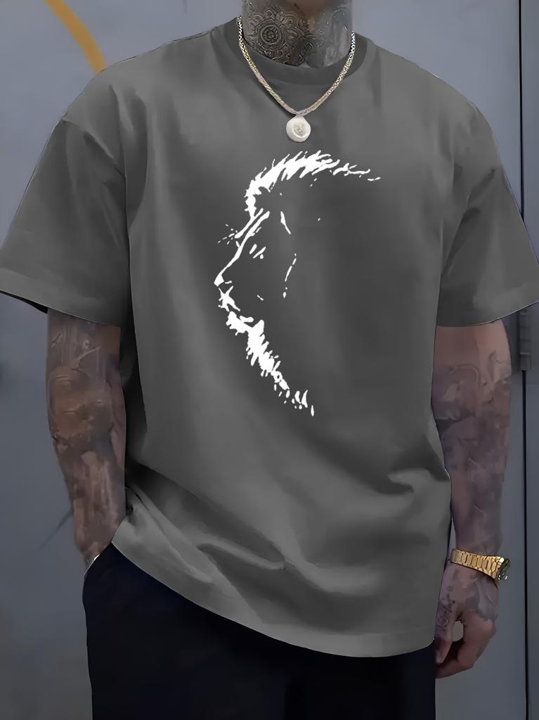 Male Black Round Neck T Shirt Distressed White Sketch Beard Unisex Profile Simple Monochrome Portrait Daily Soft Cotton Tees