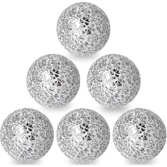 2.4 in Decorative Orbs Glass Balls Set of 6,Mosaic Sphere Globe for Whole Housewares,Wedding/Birthday,Bowls,Vases Dining Table Centerpieces (Gold)