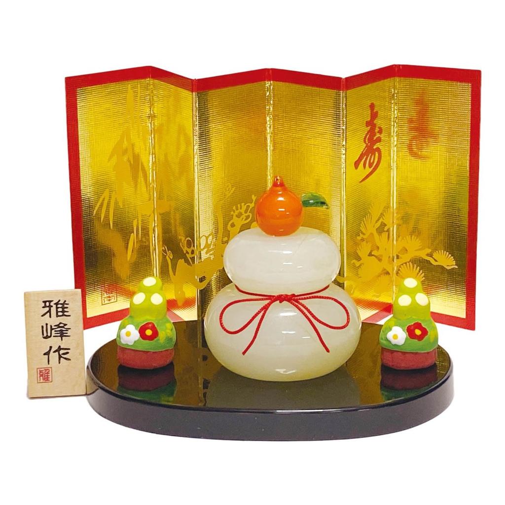 Nakanihon Toki Japanese New Year Decoration Kagami Mochi Glass & Kadomatsu Ceramic Miniature Set for 2026 Fortune
