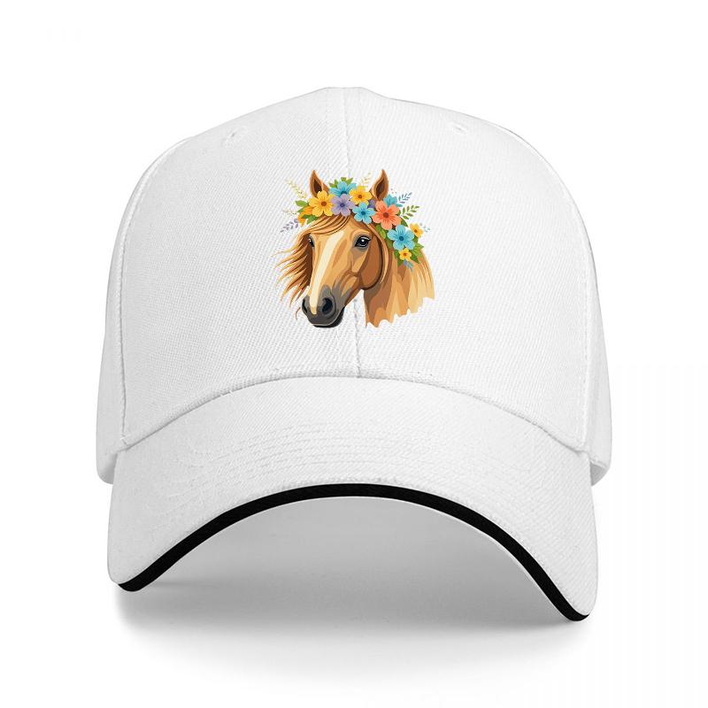 Floral Horse Head Design Baseball Cap Black Adjustable Hat with Colorful Flowers and Horse Pattern for Fashion and Style