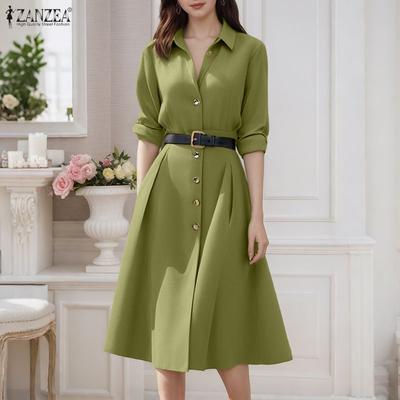 Women Casual Turn Down Collar Loose Long Sleeve Shirt Dress