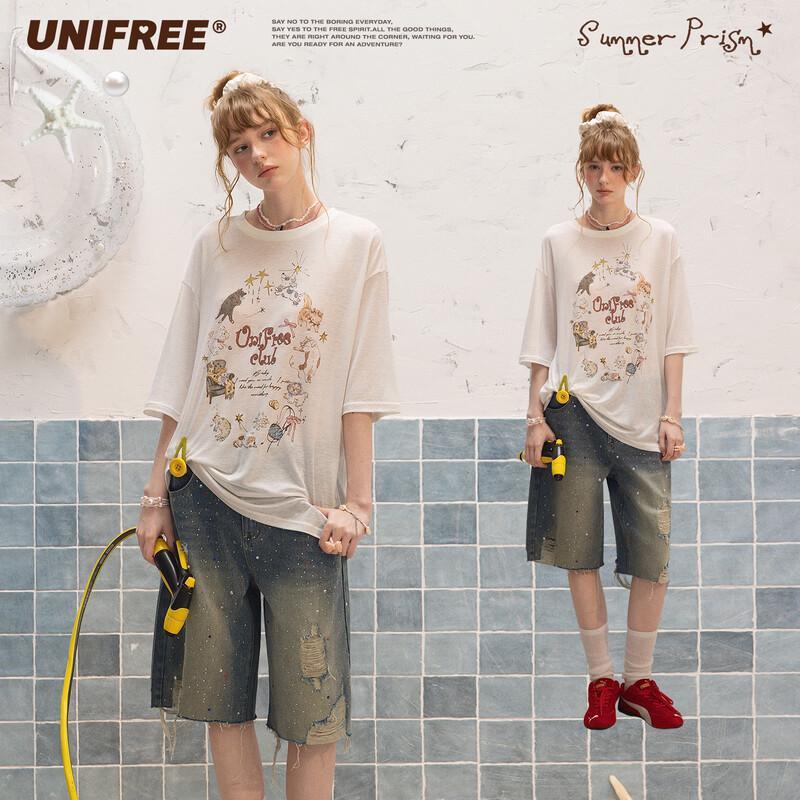 UNIFREE Cute Pet Print Loose T-Shirt M