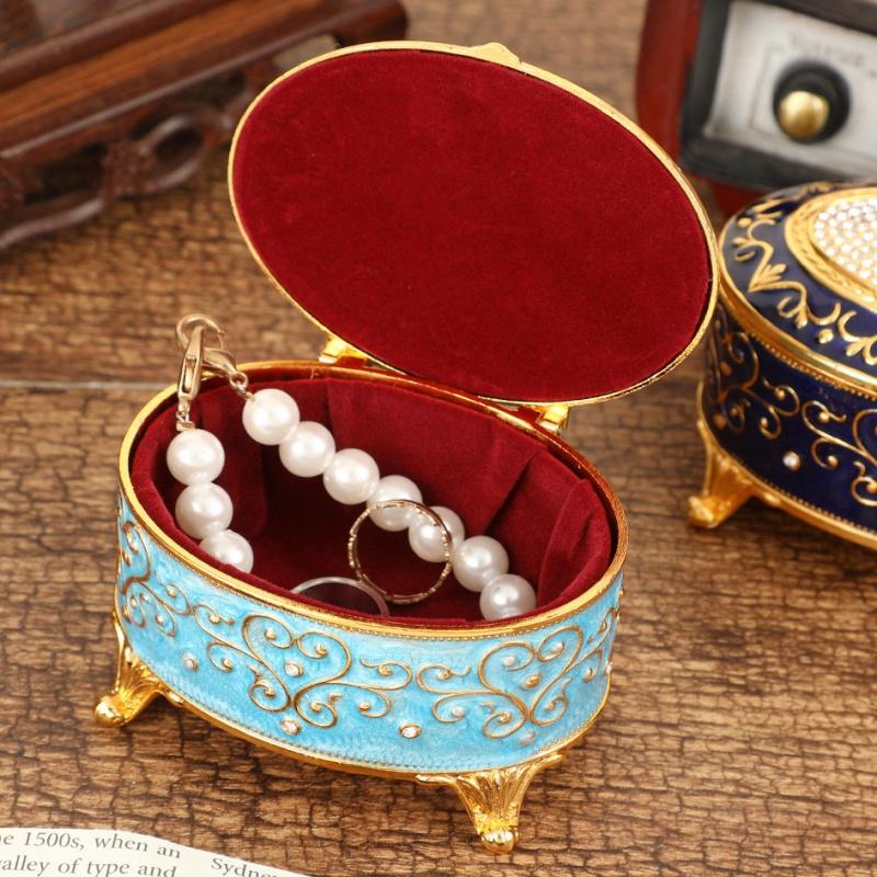 European Style Mini Jewelry Storage Box Organizer Portable Ellipsoid Inlaid Gem Alloy Necklace Ring Storage Dresser Display Case