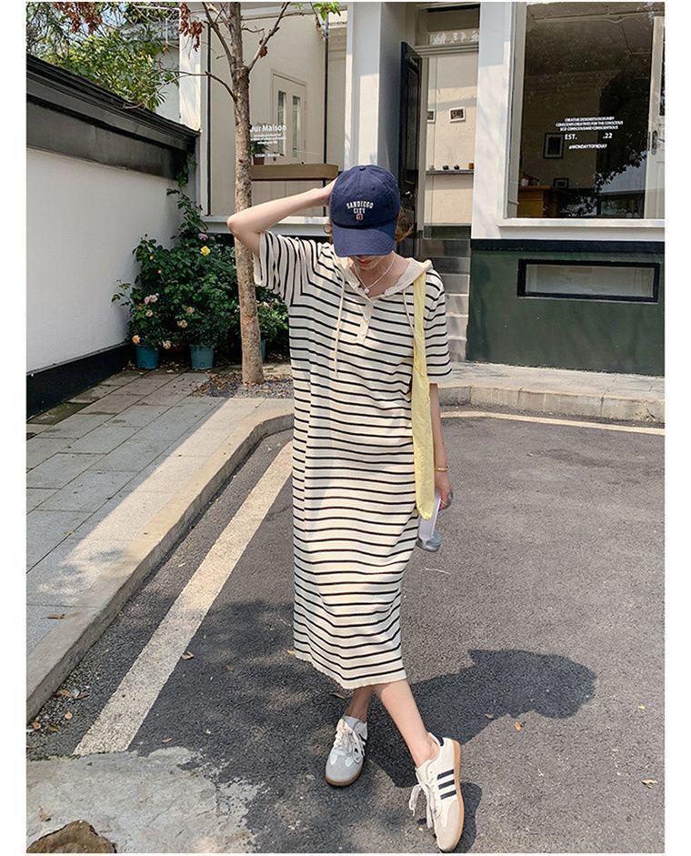 Korean Casual Striped Knit Hoodie Dress for Women, Summer College Style