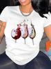 Damen Freizeit-T-Shirt mit Rundhalsausschnitt und geometrischem Weinglas-Print Kurze Ärmel Komfort-Passform Geeignet für Sommer Oberteil Kleidung