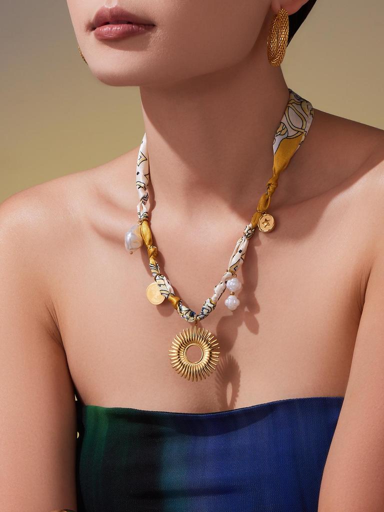 Qiong Yao Multi-Pendant Pearl Silk Scarf Necklace with Stainless Steel Clavicle Chain