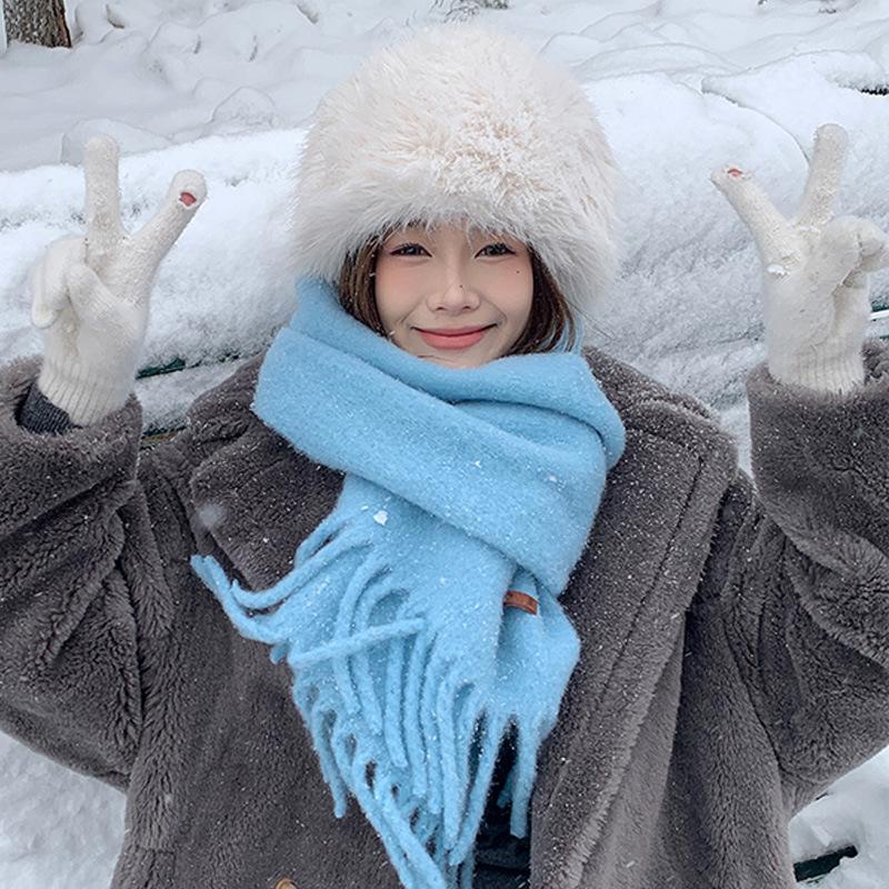 Wool Blended Solid Color Scarf Ice Blue Women's 24 Winter Atmosphere Warm Fringed Scarf
