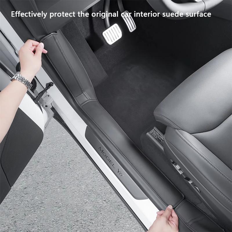 For Tesla Model YL 6-Seater Front Rear Door Sill Protector Leather Threshold Bumper Strip Guards Anti-kick Pads Car Accessories