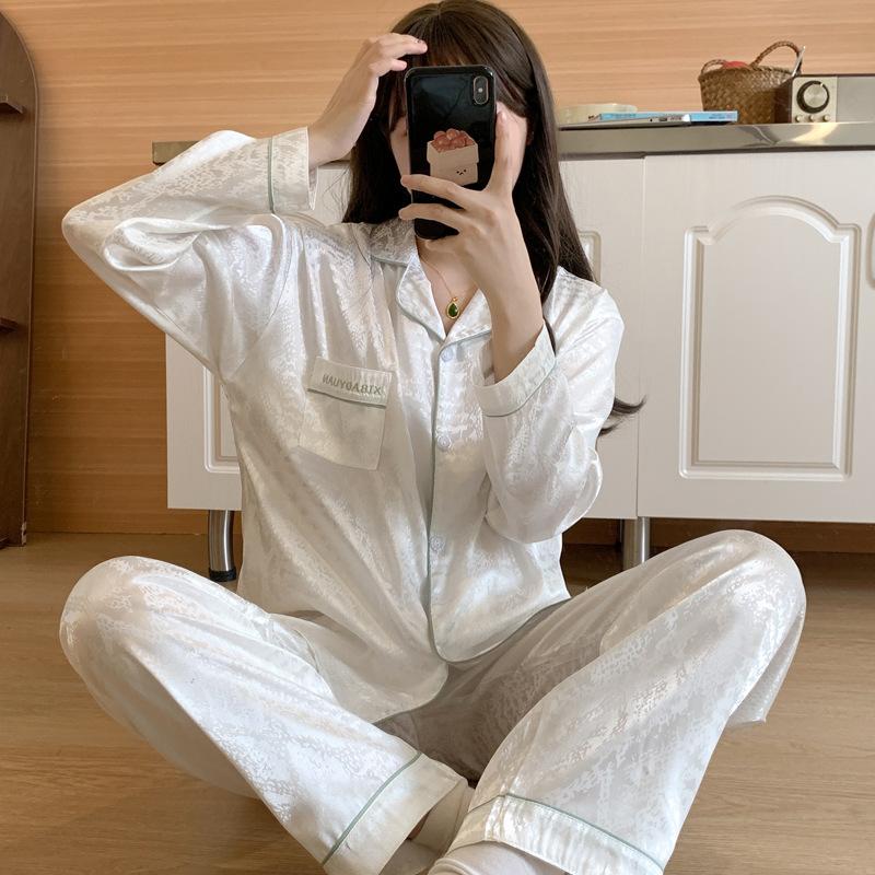 Ice Silk Pajamas Women'S Spring And Summer Long-Sleeved High-End Nordic Style Simple Silk Loungewear