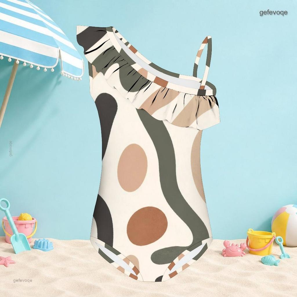 Costume da bagno intero da bambina a spalla singola con volant e stampa geometrica