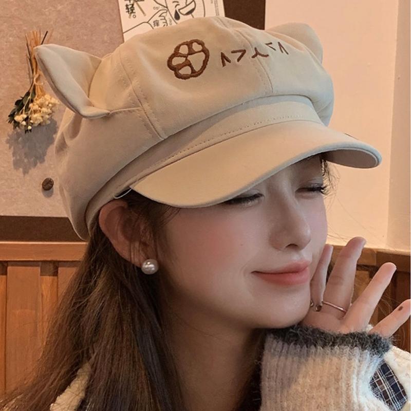 Korean Retro Cat Ear Octagonal Beret For Women Autumn And Winter Brushed And Warm