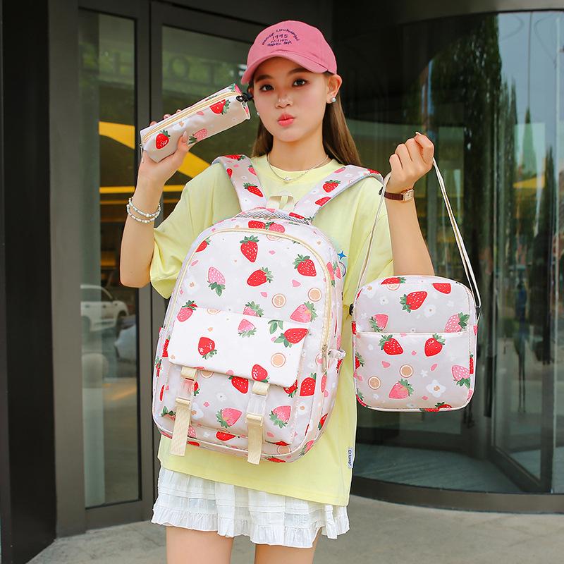 Strawberry Print Backpack Set Student Three-Piece Schoolbag Women's Large Capacity Water-Repellent Graffiti Backpack