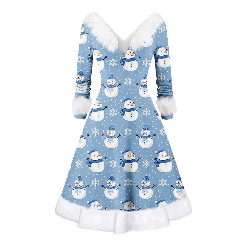 Women's Fashion V-neck Casual Fit Christmas Print Party Long Sleeve Dress