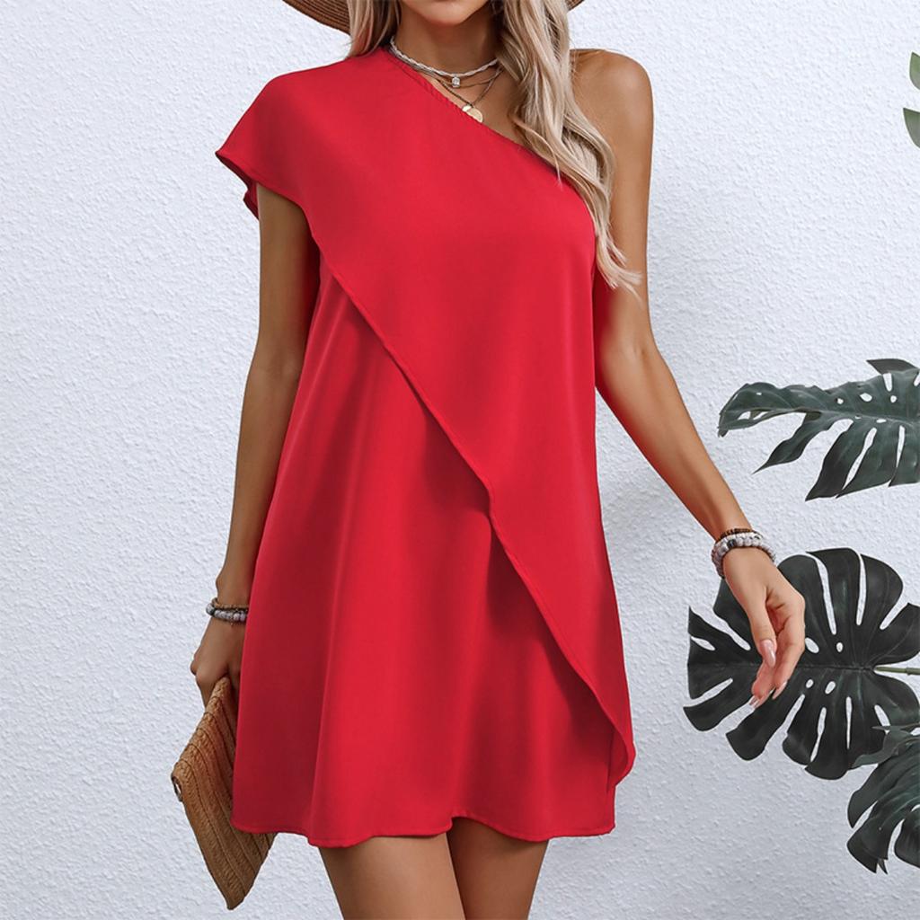 Women's One Shoulder Sleeveless Mini Dress Loose Fit Mid Waist Solid Layered A Line Sundress