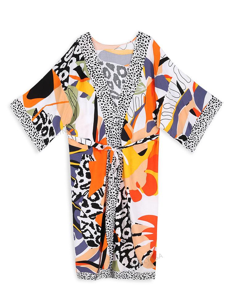 EDOLYNSA 2024 Multicolored Women Bikini Kimono Cardigans Boho Print Long Bathing Suit Cover Ups Swimwear Plus Size Loungewear with Self Belt Outfits