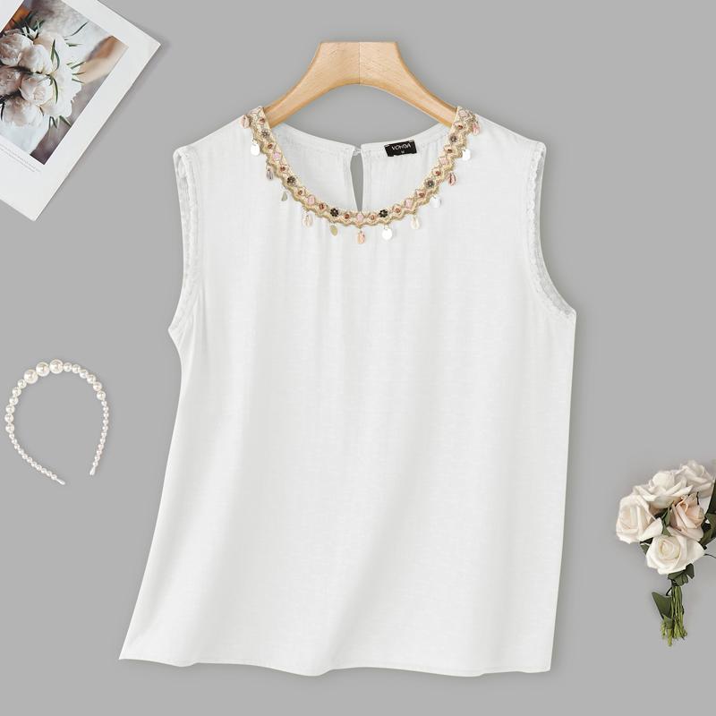 

VONDA Women Embroidery Beading O-neck Sleeveless Casual Loose Tank Tops XL белый