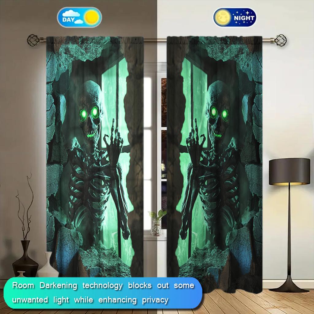 2pcs Human Skeleton Printed Curtain for Halloween Home Decor - Rod Pocket Window Treatment for Bedroom, Office, Kitchen