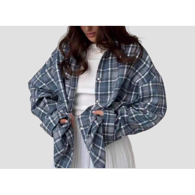 Women's Retro Plaid Long Sleeve Loose Lapel Shirt for Spring and Autumn