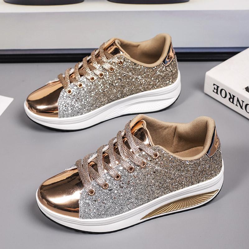 

Мода Женская Обувь Спорт Блестки Танкетки Обувь Шейк Серебристый Удобная Спорт Бег Теннис Шнуровка Кроссовки для Бега 36 золотой