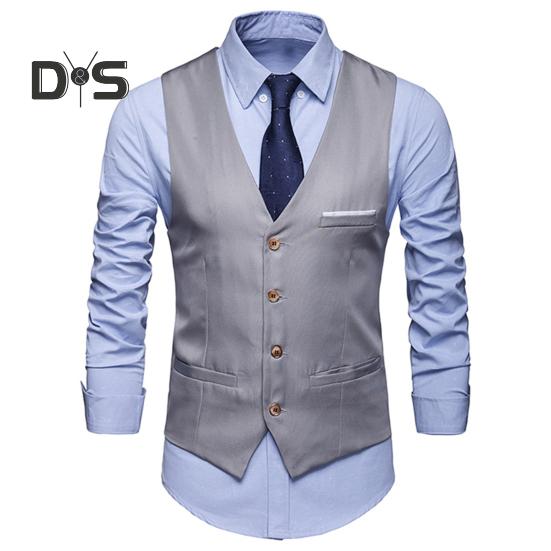 

Жилет мужской формальный деловой жилет без рукавов облегающий однобортный с V-образным вырезом шелковистый с карманами против морщин свадебное пальто жениха S серый