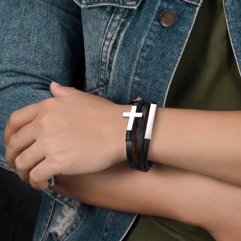 Stainless Steel Cross Bracelet Men Handmade Multi-Layer Leather Cord Geometric Design Minimalist Jewelry