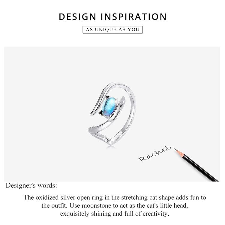 Bamoer Genuine 925 Sterling Silver Moonstone Cat Open Ring for Women New Trendy Girl Ring Women Statement Jewelry Exqusite Gift