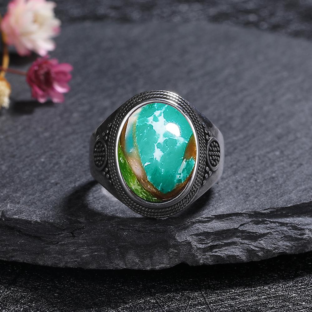 Silver Rings Large Natural 10x14MM Black Agate Ring for Women Men Silver Party Jewelry Tiger Eye Turquoise Lapis