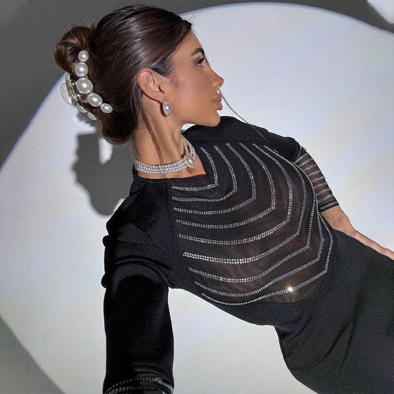 European & American Women's Fashion Hot Drilling Hollow Slim Long-Sleeve Hip-Wrap Dress