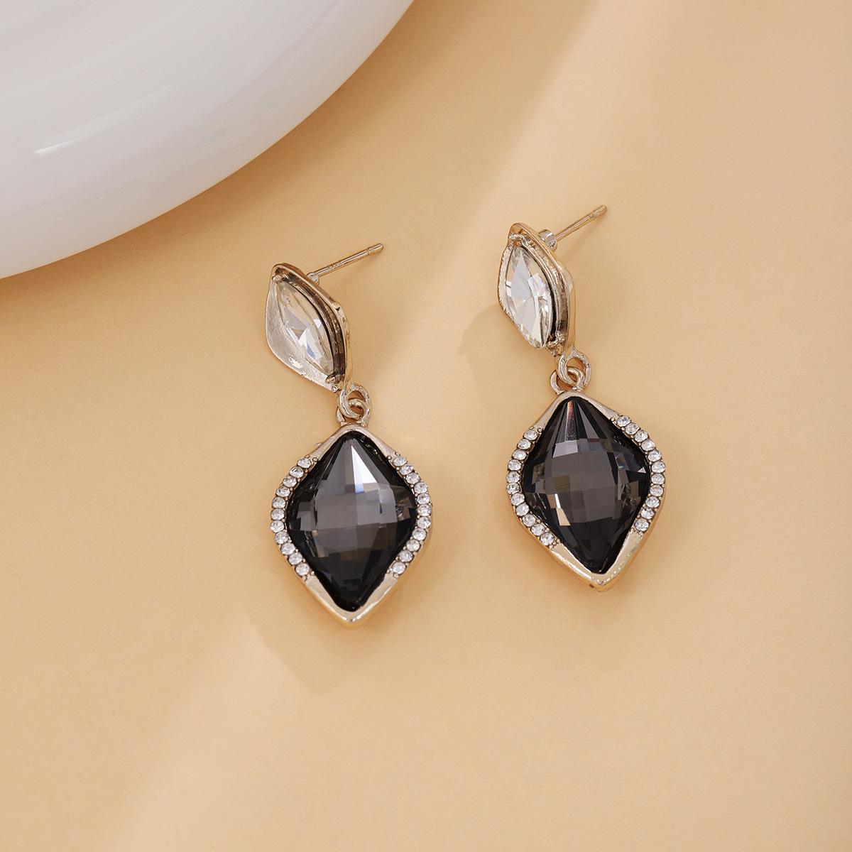 Silver Needle Geometric Square & Water Drop Rhinestone Earrings