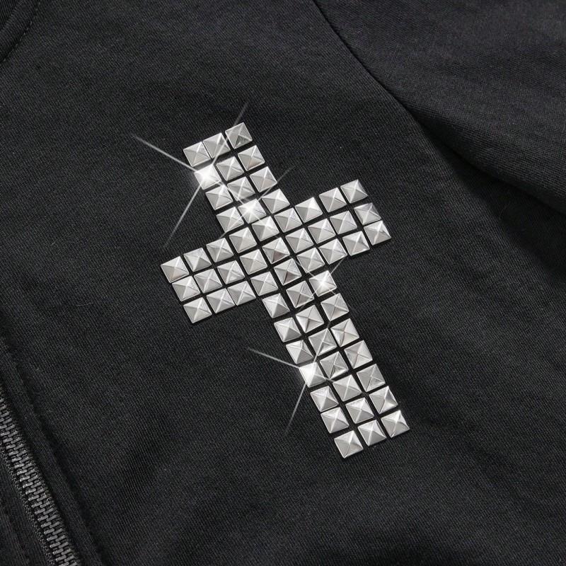 Unisex Gotisches Kreuz Strassstein Verzierter Kapuzen Reißverschluss Übergroßer Streetwear Pullover Schwarz