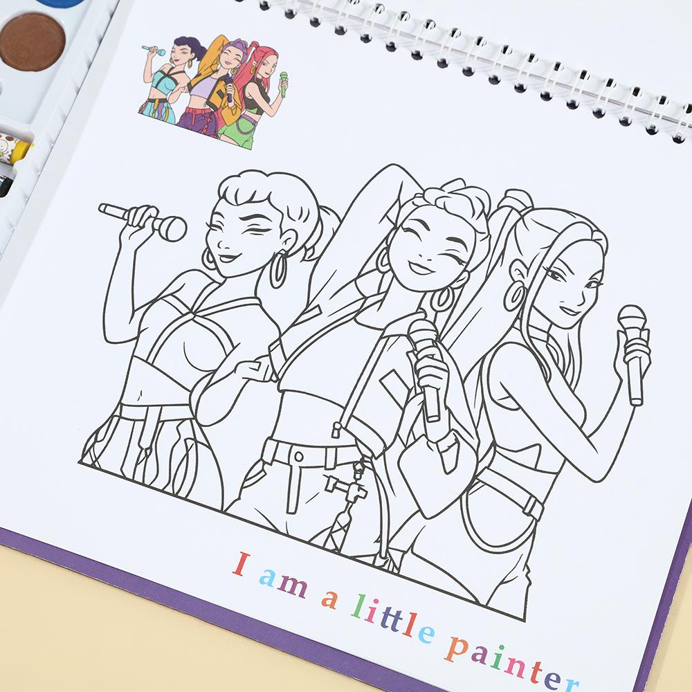 K-Pop Demon Hunters Coloring Book Set Crayons Watercolor Palette Included Creative Art Activity Kit Kids 3D for Kid Friendly Entertaining Fun Play