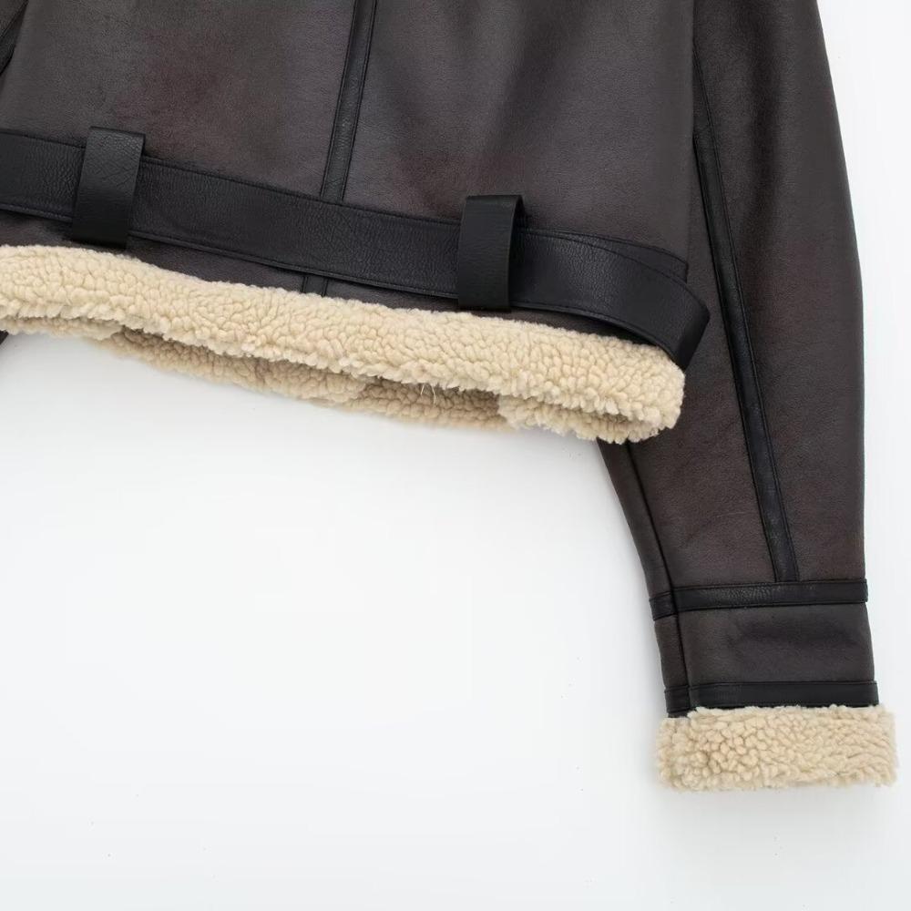 Winter Frauen Streetwear Faux Lamm Leder Pelz Kurze Jacke mit Gürtel Moto Biker Dicken Warmen Schaffell Mantel Outwe