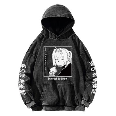 Fullmetal Alchemist Anime Kleidung Edward Elric Aufdruck Herren Damen Gewaschene Baumwolle Kapuzenpullover Übergroßes Sweatshirt Harajuku Streetwear