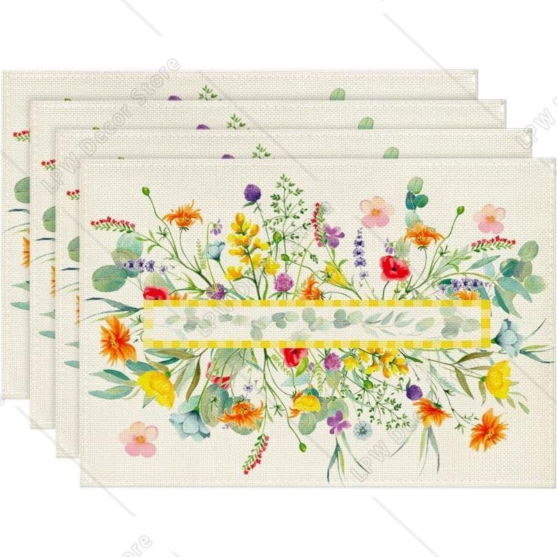

4/6Pcs Wildflower Floral Eucalyptus Leaves Placemats Dining Table Spring Summer Seasonal Decoration Rustic Washable Table Mats 4 PCS 12x18inch
