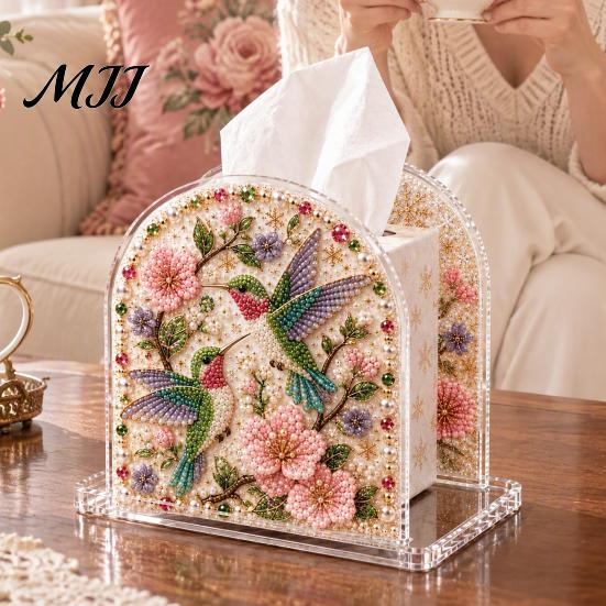 Acrylic Tissue Holder DIY Christmas Faux Pearl Art Painting Box Holder, 3D Rhinestone Beads Creative Resin Gem for Winter Xmas Holiday Tabletop Decor