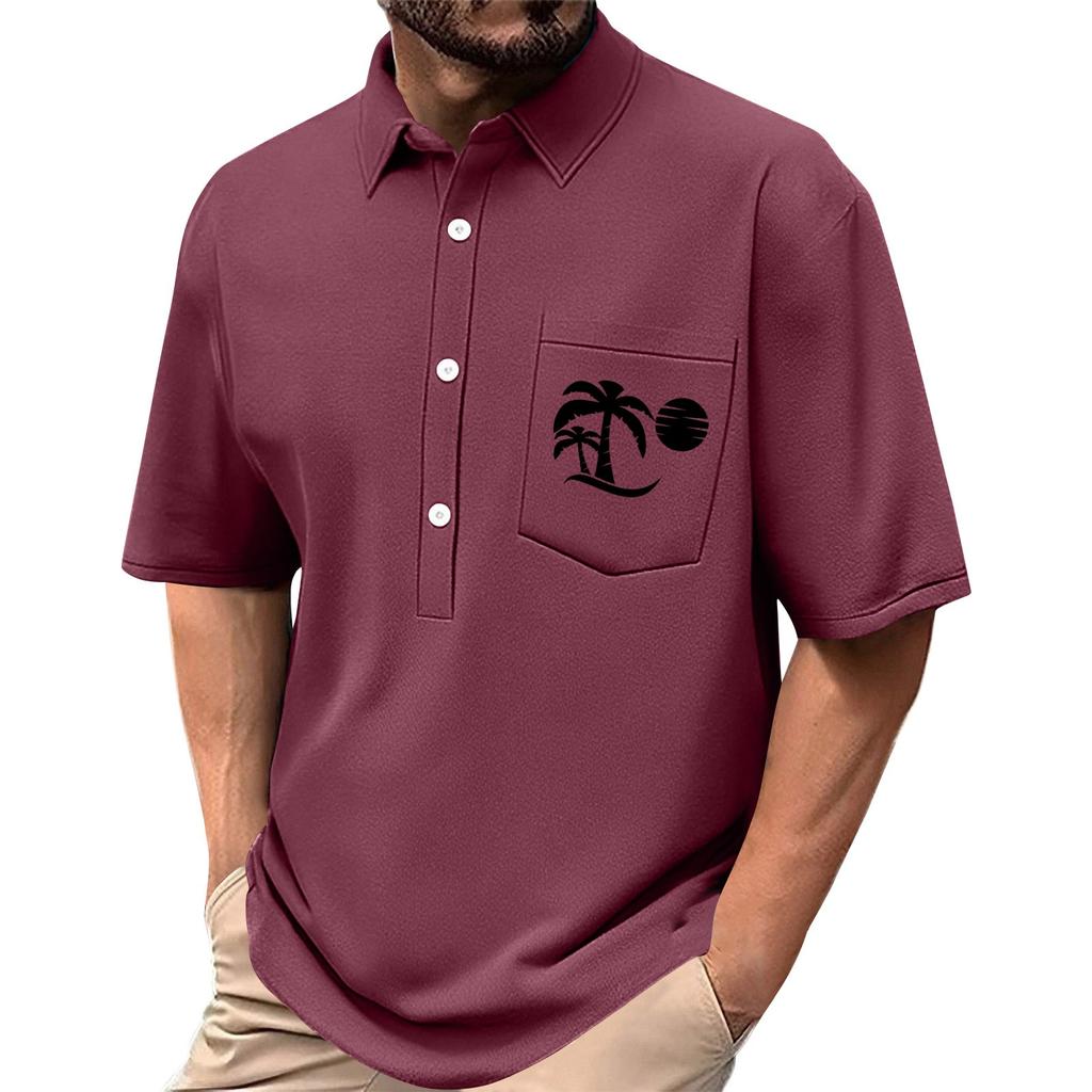 Men's Summer Solid Color Print Four-sided Stretch Lapel Button Pocket Shirt Casual Sports Short-sleeved Top