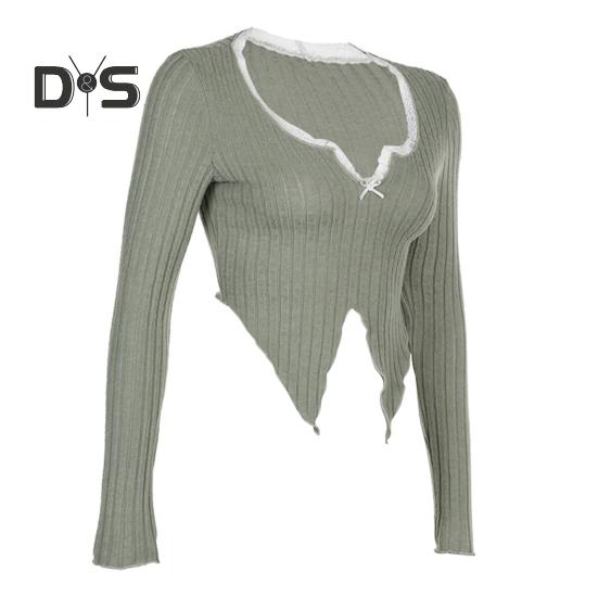 Women Tops V-Neck Lace Stitching Long Sleeve Irregular Hem Pullover Tops Solid Color Ribbed Slim Fit Cropped Tops