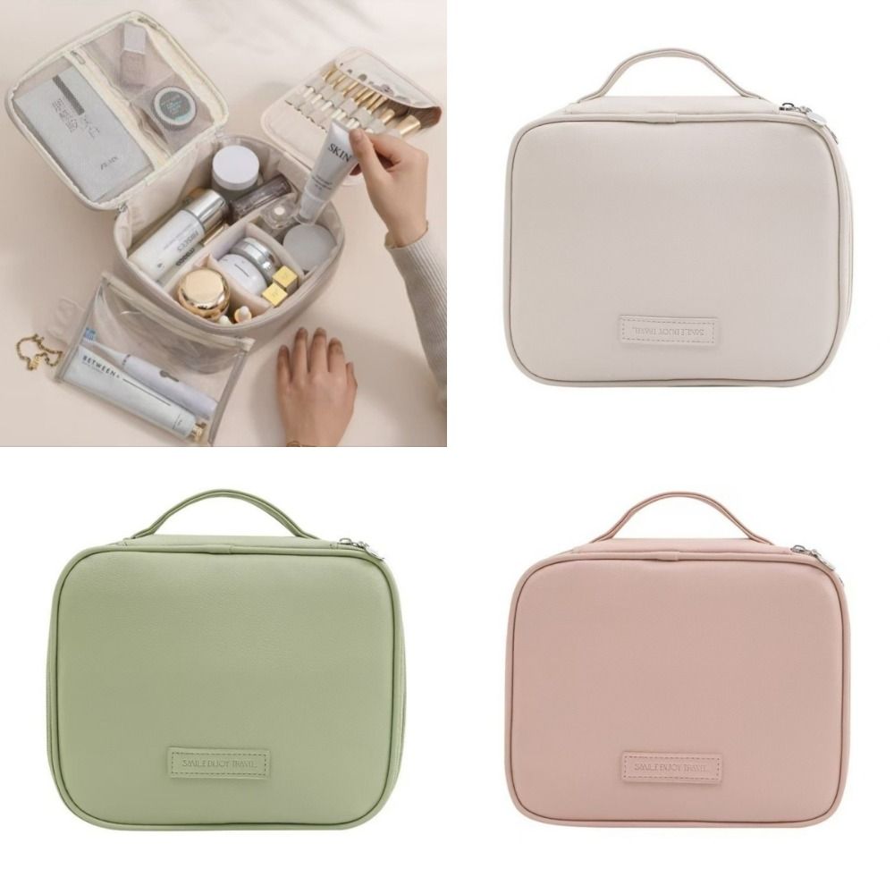 Multipocket Design Cosmetic Handbag Zipper Closure Double-layered Portable Makeup Pouch Separate Dry and Wet Comfortable Handle