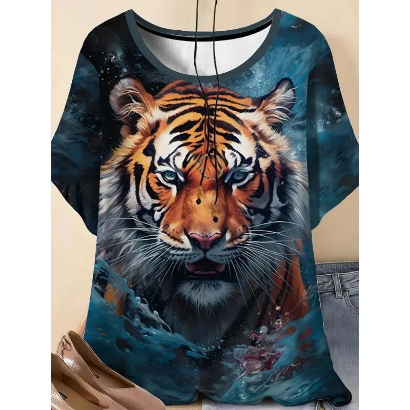 3D Printed Women's Round Neck Tiger Pattern T-shirt Multifunctional Summer Fresh Women's Version T-shirt Breathable Machine Wash Outdoor Top