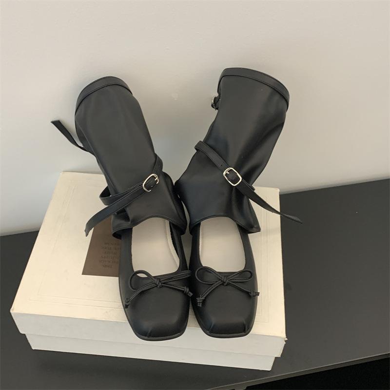 2025 Autumn and Winter New Korean Version French Square Head Bow Ballet Cool Boots Hollow Wedge Heel Pleated Short Boots Women