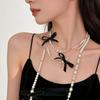 Elegant Multi Layered Pearl Ribbon Bow Layered Tassel Necklace Niche Sweet Drape Neck Chain Trendy Necklace Jewelry Accessories