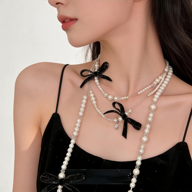 Elegant Multi Layered Pearl Ribbon Bow Layered Tassel Necklace Niche Sweet Drape Neck Chain Trendy Necklace Jewelry Accessories