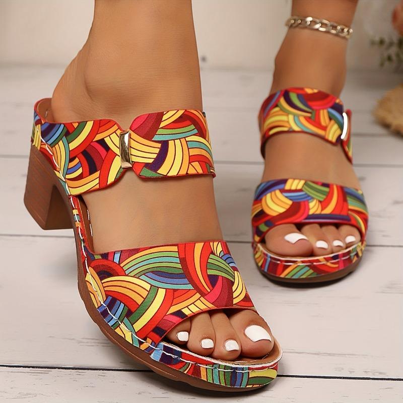 Women's Bohemian Mosaic Print Round-Toe Mule Slides - Vibrant Multicolor - PU Cover Upper & Cushioned Insole - Lightweight Comfortable for Summer