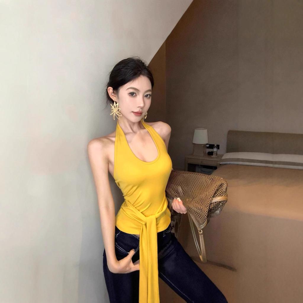 American Sexy Spice Girl Neck Sling Vest Women's Summer New Waist Design Halter Strap Sleeveless Top