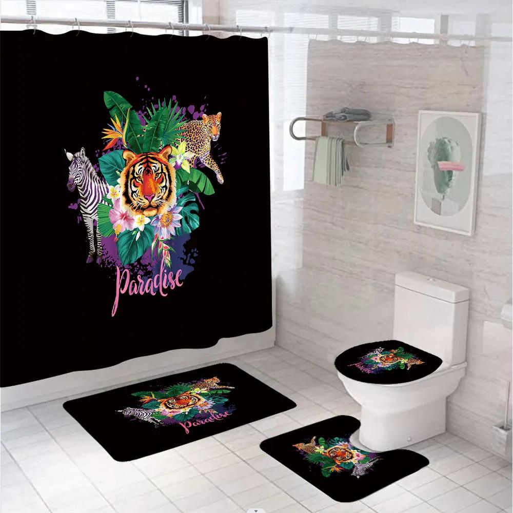 Tiger Shower Curtain Set Tropical Palm Leaf Wildlife Animal Jungle Zebra Leopard Bathroom Curtains Rug Bath Mat Lid Toilet Cover
