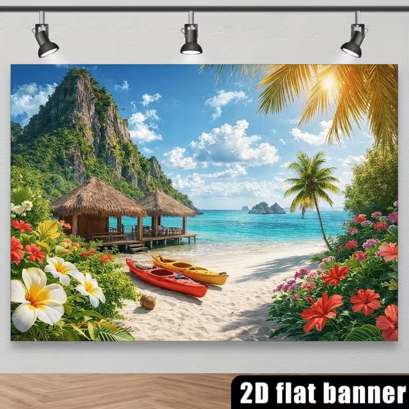 2D Tropical Beach Backdrop Island Mountain Photography Background