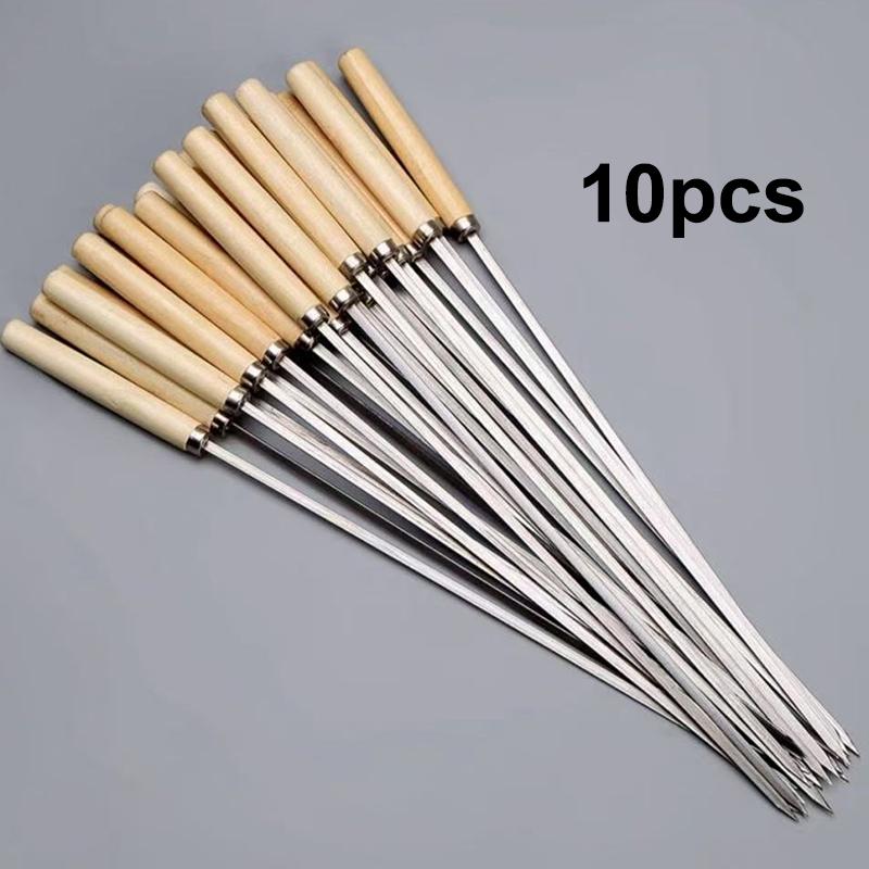 10 Adet Ahşap Saplı Haşlanma Önleyici Barbekü Şişi Yeniden Kullanılabilir 304 Paslanmaz Çelik Metal Barbekü Şişi Geniş Şişler