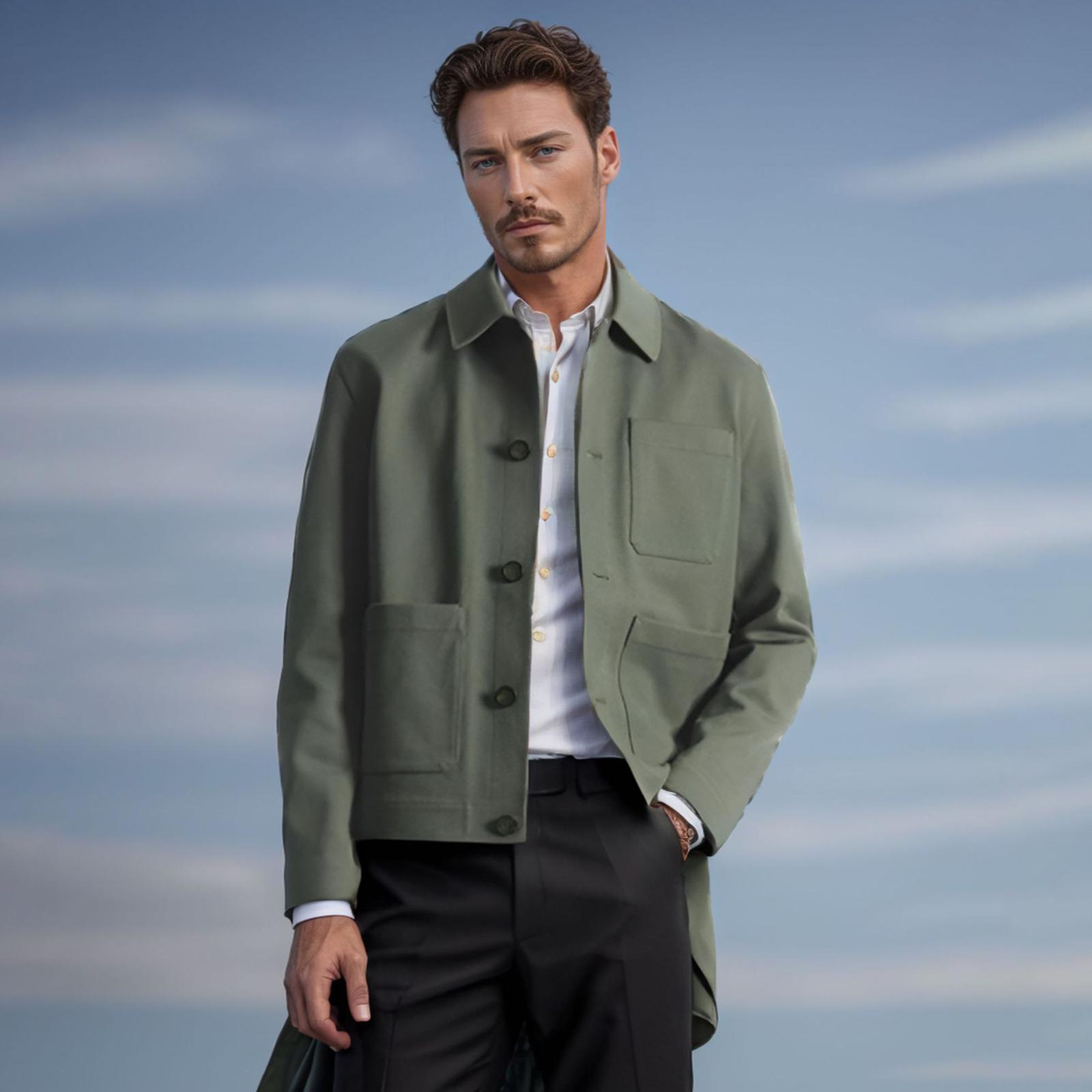 

Men s Casual Fashion Lapel Workwear Style Jacket Multi-pocket Solid Color Coat L