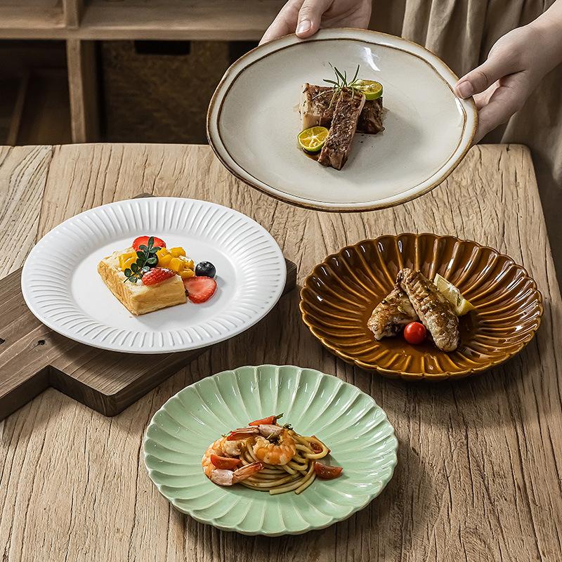 Plates, Dishes, Household Ceramic Tableware, Round Plates, High-Value Plates, Fruit Plates, Japanese Retro Shallow Plates